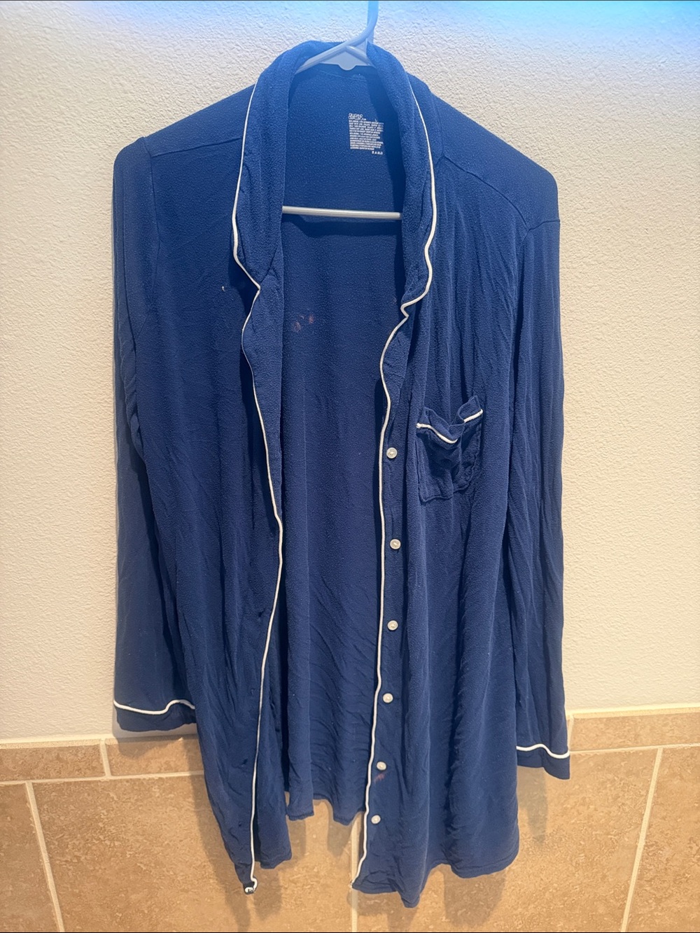 chic Navy Relaxed Open-Front Pajama Jacket with White Piping